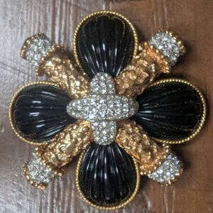 Vintage Signed Kenneth Jay Lane Black Lucite & Crystal Maltese Cross Brooch